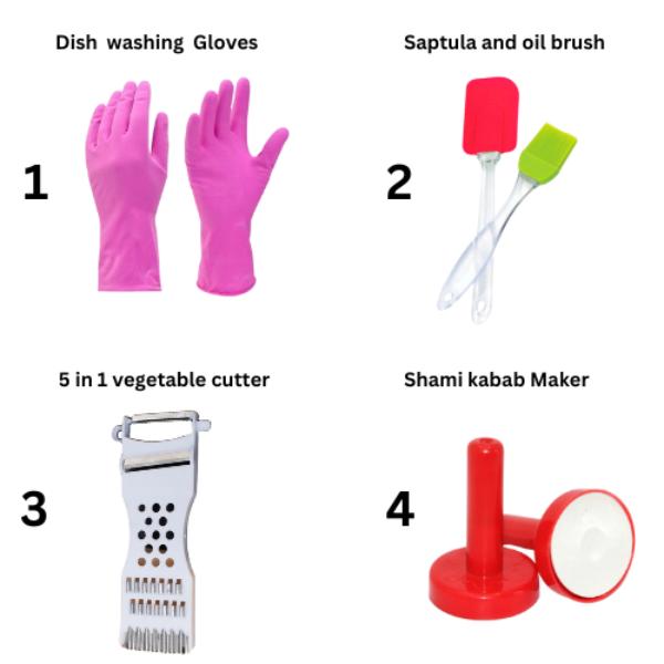 4 Pcs Set- Dish Washing Gloves, Shami kabab Maker, Vegetable Cutter, spatula and Oil Brush Set